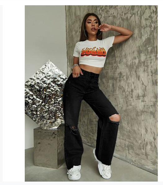 Retro Distressed Drop-waist Women&