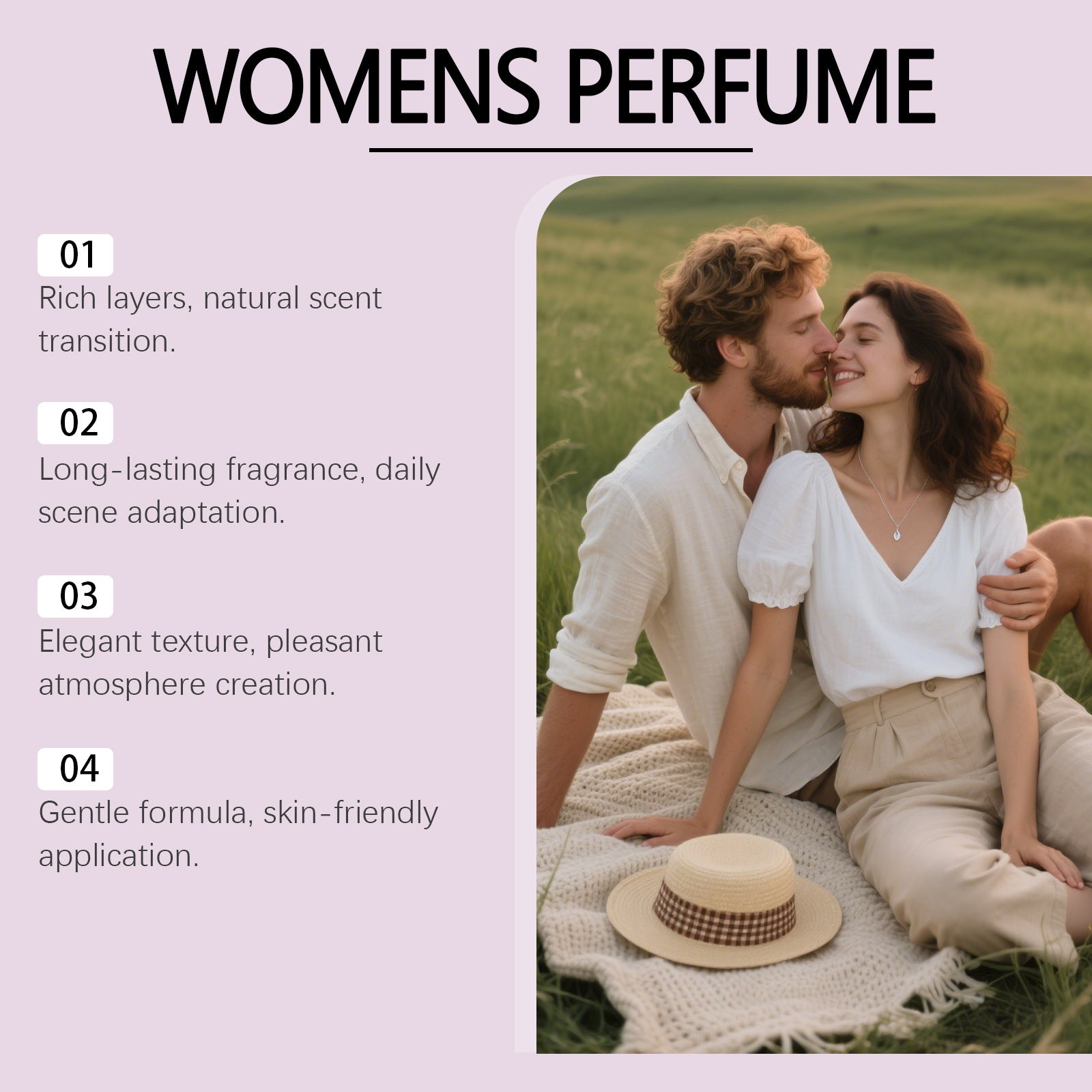 Image showcasing a floral fruity fragrance for women, highlighting scent transition, long-lasting fragrance, and skin-friendly application.