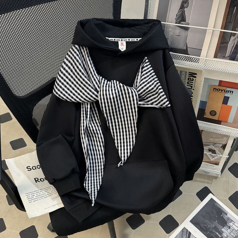Bow-knot Plaid Strap Hoodie Women&