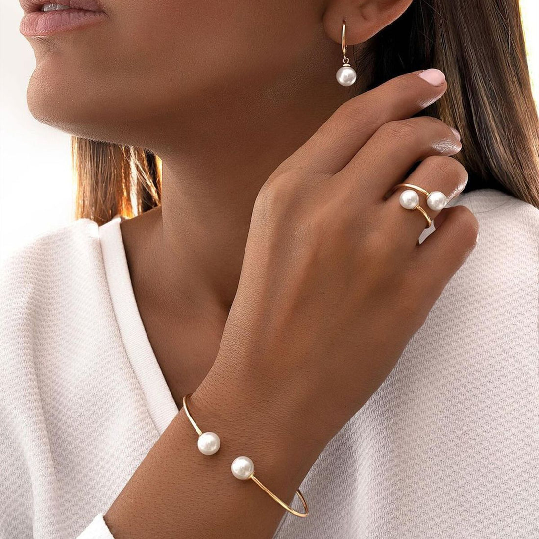 New Pearl Open Earrings Bracelet Ring Jewelry Set