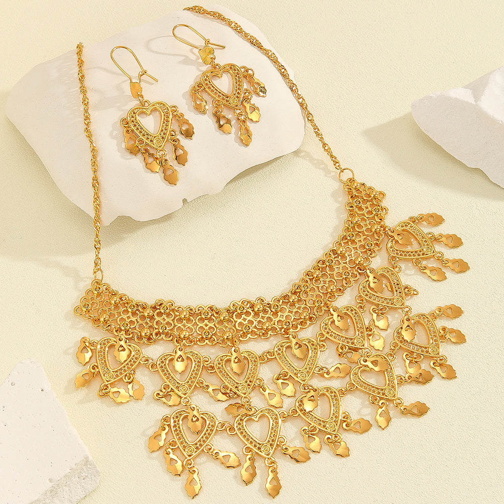 3pcs Fashionable Retro Luxury Heart-shaped Hollow Necklace Earrings Women&