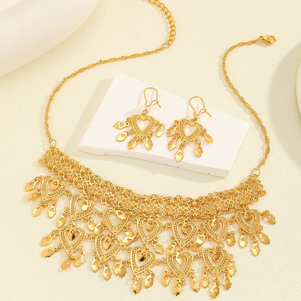 3pcs Fashionable Retro Luxury Heart-shaped Hollow Necklace Earrings Women&