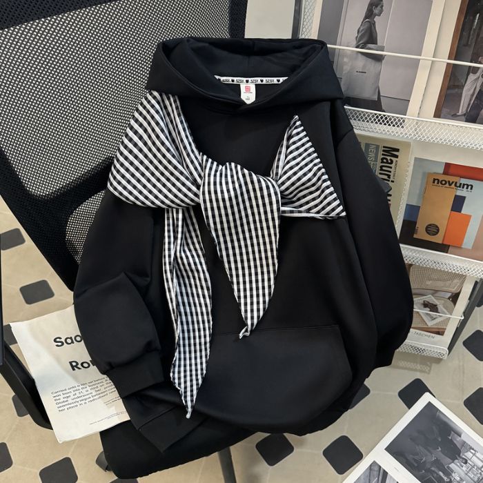 Bow-knot Plaid Strap Hoodie Women&
